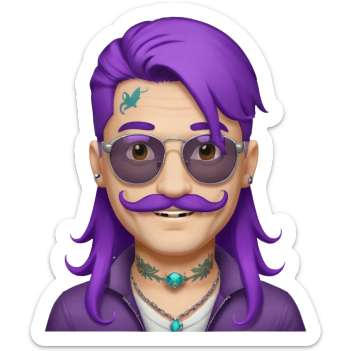  long purple haired man, mustached and face tattoes, handsome, sunglassess wearing sticker