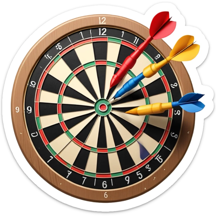 A dartboard with darts firmly stuck in the bullseye, surrounded by the colorful sections of the target. The background conveys a competitive atmosphere, with a subtle focus on precision and skill in the game of darts. sticker