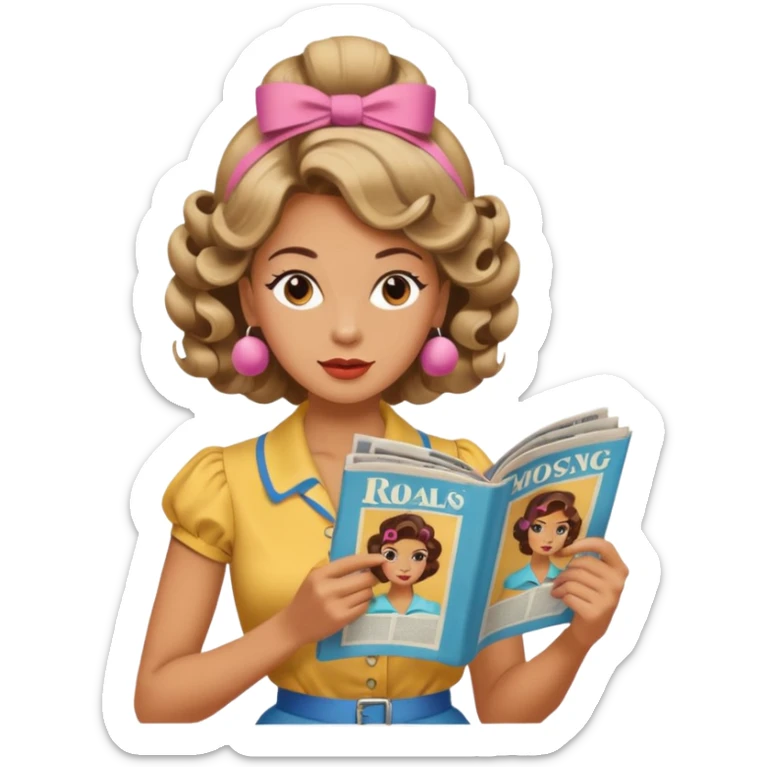 mujer en la peluquería con rulos en la cabeza y leyendo una revista, estilo vintage sticker