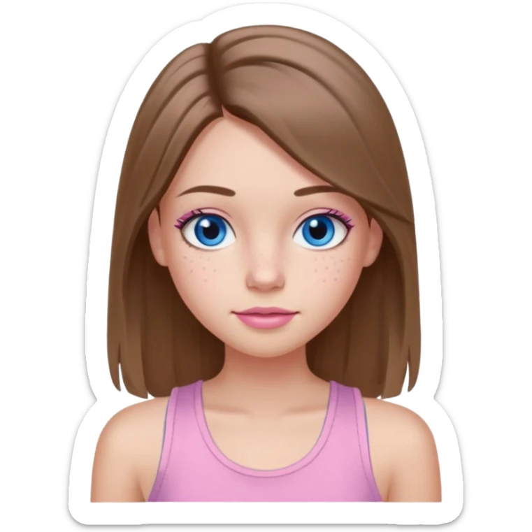 Create a TEENAGE girl with LONG and straight light brunette hair with a MIDDLE PART, light skin, light freckles, and blue-gray eyes. She will have pink lips and LONG eyelashes. She will be wearing a light pink tank top sticker
