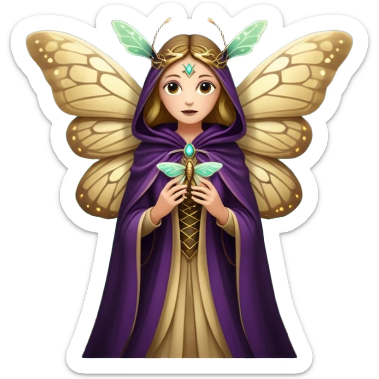 mystical woodland woman dressed as moth queen, velvet wing cloak, glowing dust sticker