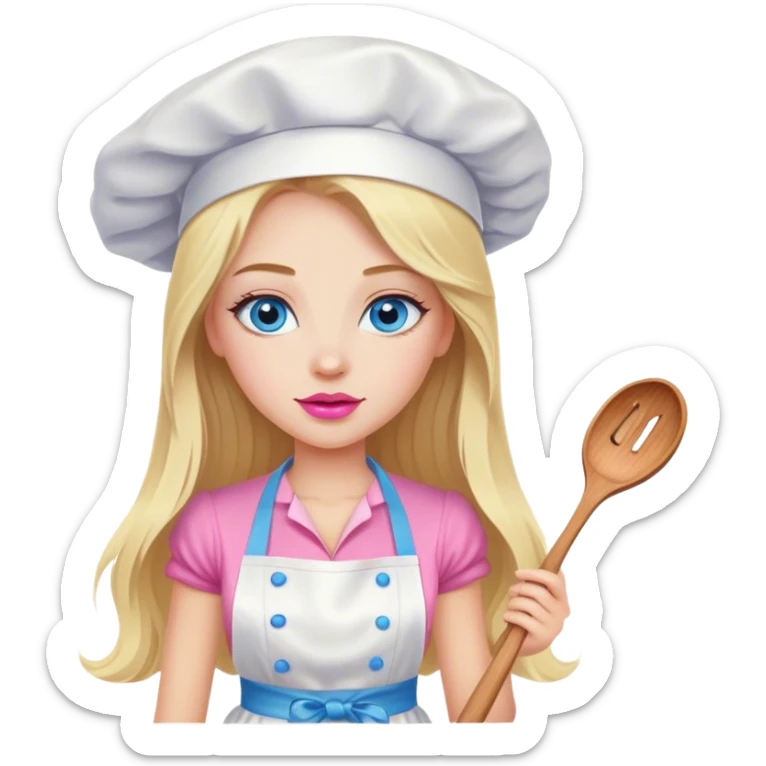 Cinematic realistic beautiful blonde with long hair, blue eyes and pink lips in a white dress cooks sticker