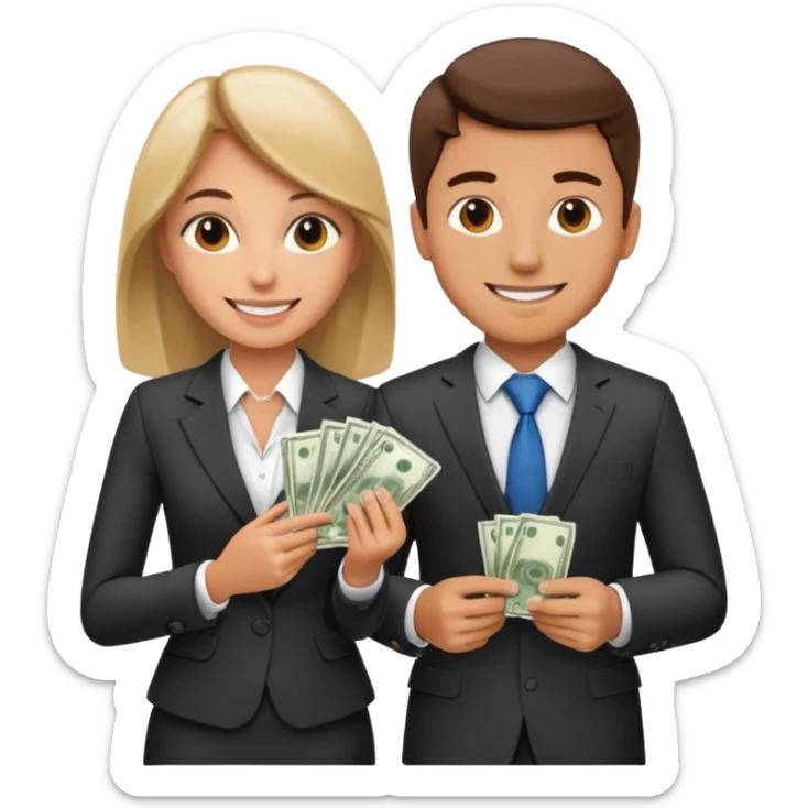 Una pareja (chico y chica de 28 años) vestidos con traje profesional y con dinero sticker