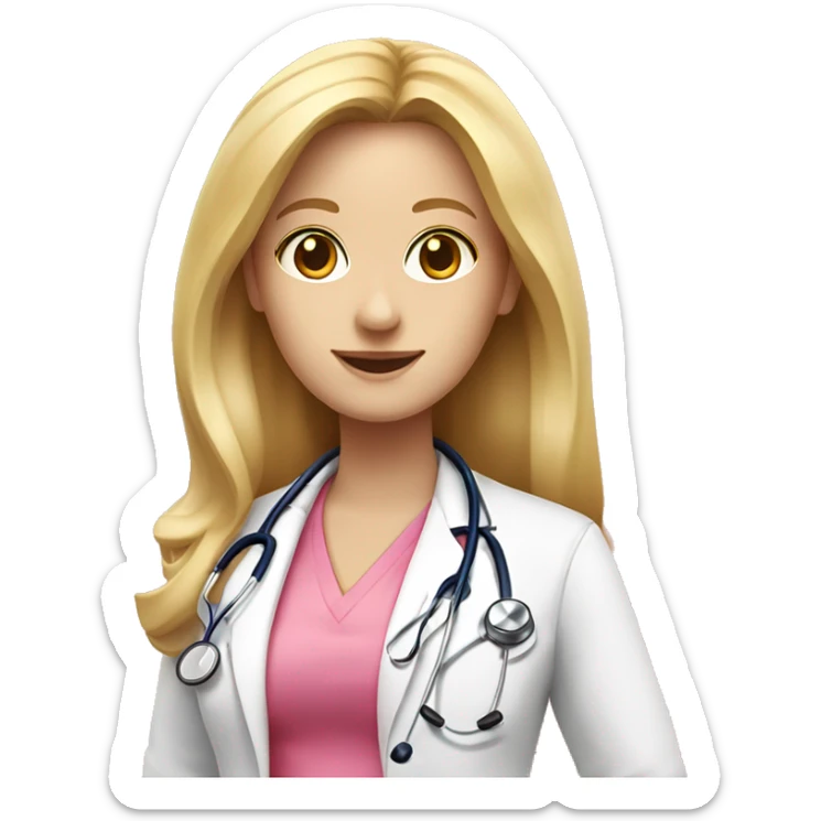 Long blonde hair female doctor in pink undershirt white coat over pink stethoscope  sticker
