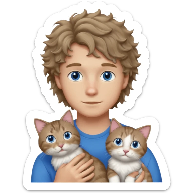 20 year old boy with slightly curly dark blonde hair and blue eyes with cat sticker
