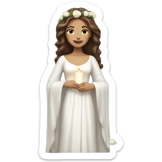 brown haired women with white gown with long sleeves and spuce wreath with white candles on head sticker