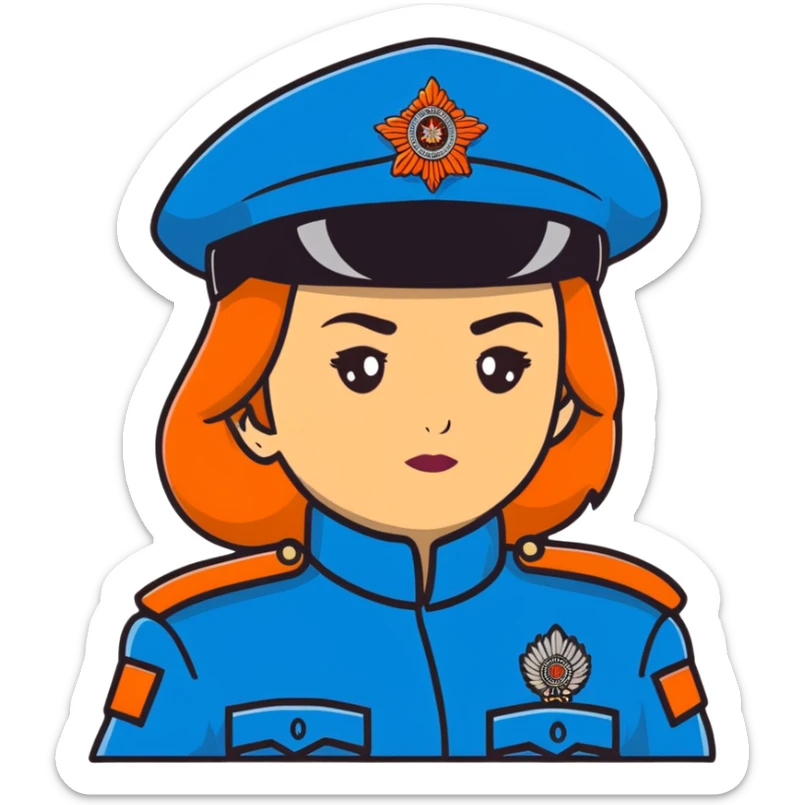 Female Russian police officer with traditional Russian police fur hat and blue uniform sticker