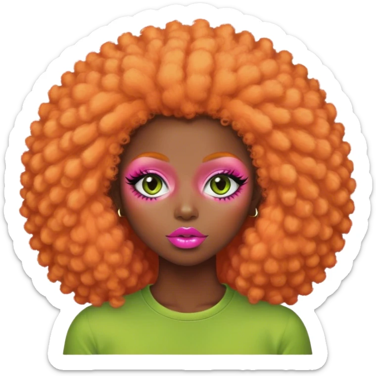 dark girl big pink lips big lashes big orange afro fluffy hair green shirt sticker