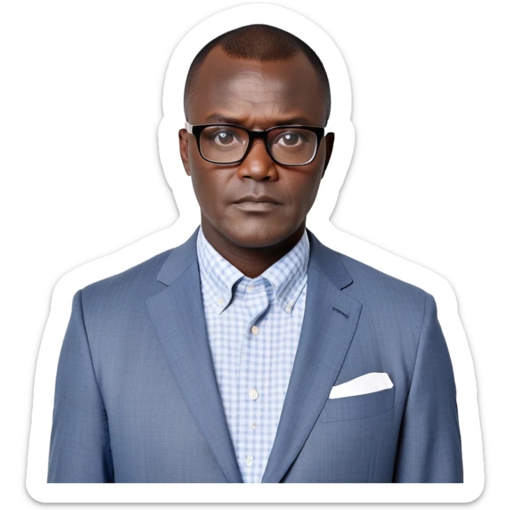 Larger 50-year-old man with extremely wide square face and prominent jawline. Full head of short straight dark hair with some gray, combed neatly to the side. Large dark square-framed glasses. Serious expression. Wearing a light gray blazer over a white button-up shirt with blue checkered pattern. sticker