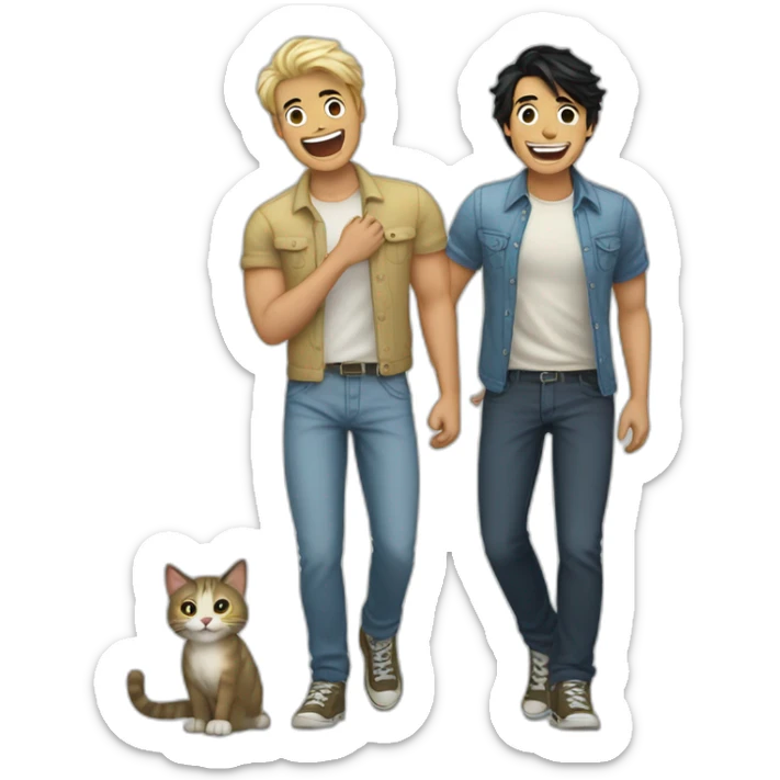 Gay couple, 1 guy Latino black hair and 1 Australian guy blonde hair with a cat laughing full body sticker