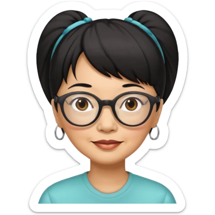 filipino woman black hair in one pony tail with straight bangs and big glasses, 60 yr old

 sticker