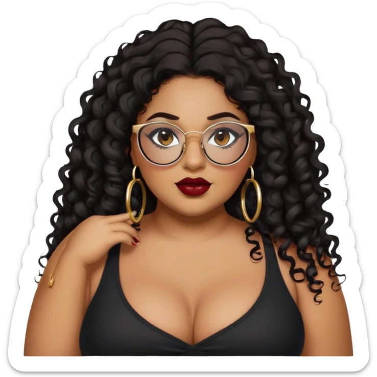 big plus size, latina, darker tan skin, gold hoops, long black curly hair, baddie,pretty, makeup, dark red lipgloss, black eyeliner, long hair, black top, black glasses sticker