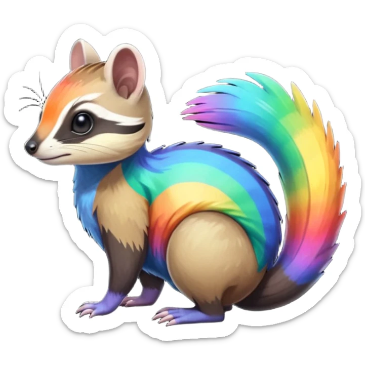 Colorful black and rainbow-iridescent Cacomistle-Numbat-Ferret-hybrid-fusion-animal-creature, full body  sticker