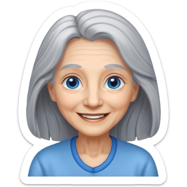 an elderly woman with long, grey hair and a smiling face with blue eyes sticker