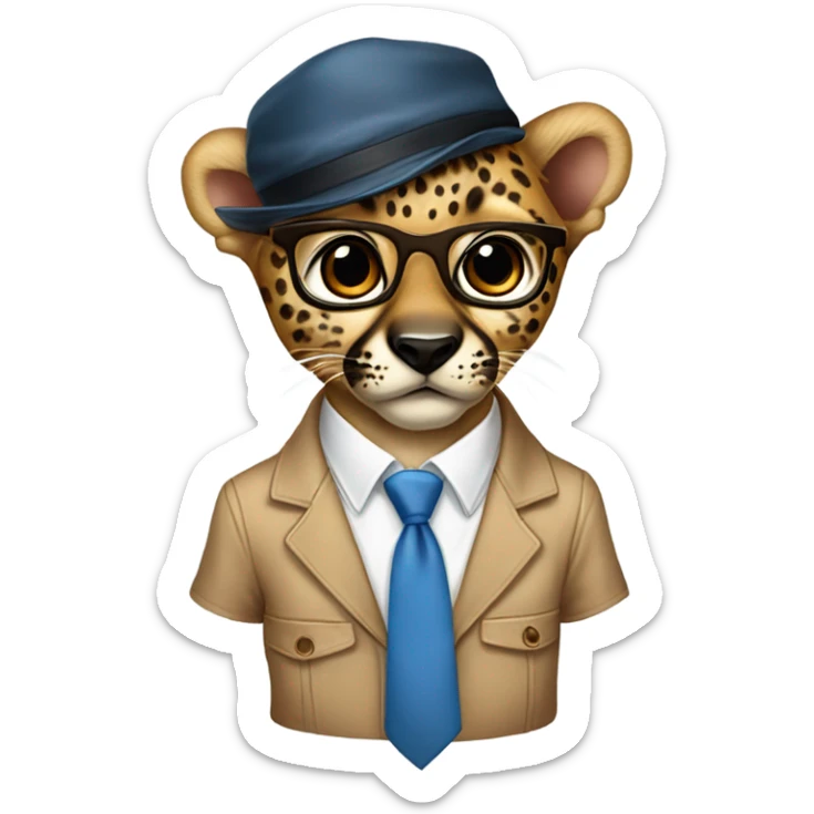 baby cheeta in a brown backward cap, brown-lens glasses, wearing white shirts, blue neck-tie sticker