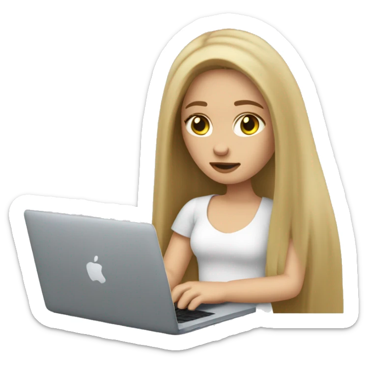 Girl with long dark blonde hair and white skin working with a MacBook. She is tired   sticker