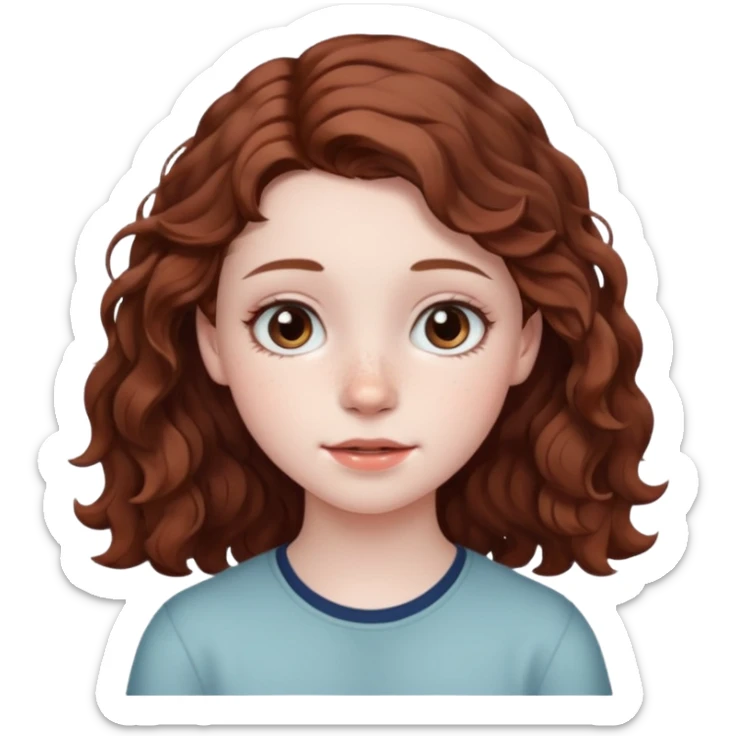 15 year old girl with pale skin, dark freckles, rosy cheeks, and wavy brown hair. sticker