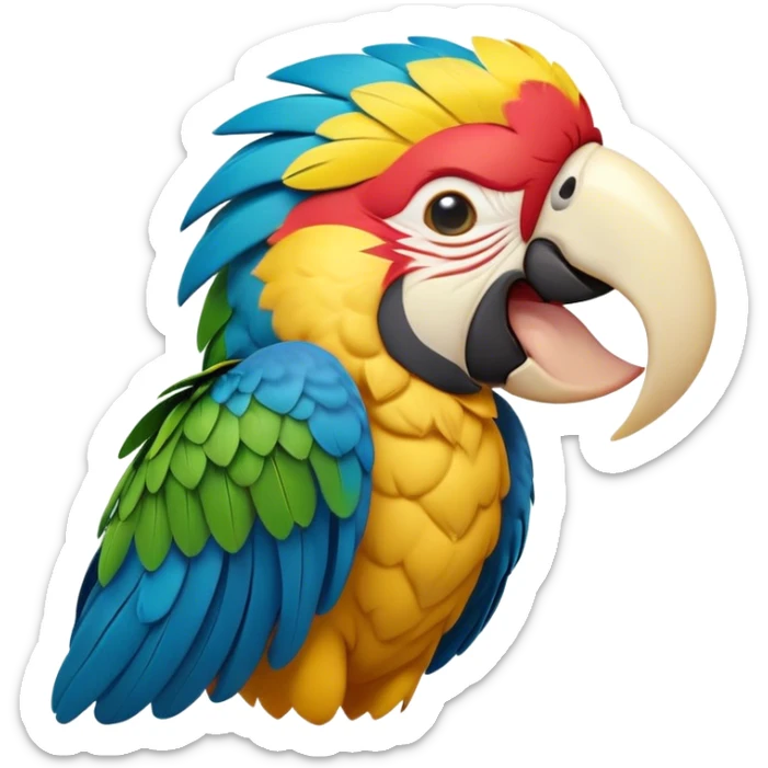 Cinematic Cute Yawning Macaw Portrait Emoji, Head tilted slightly with a dramatic, wide-open yawn, showcasing resplendent feathers and sleepy, half-closed eyes brimming with relaxed elegance, Simplified yet irresistibly adorable features, highly detailed, glowing with a soft, cozy tropical glow, high shine, relaxed yet expressive, stylized with a hint of whimsical charm, soft glowing outline, capturing the essence of a drowsy yet affectionate macaw that appears ready to stretch out for a nap! sticker