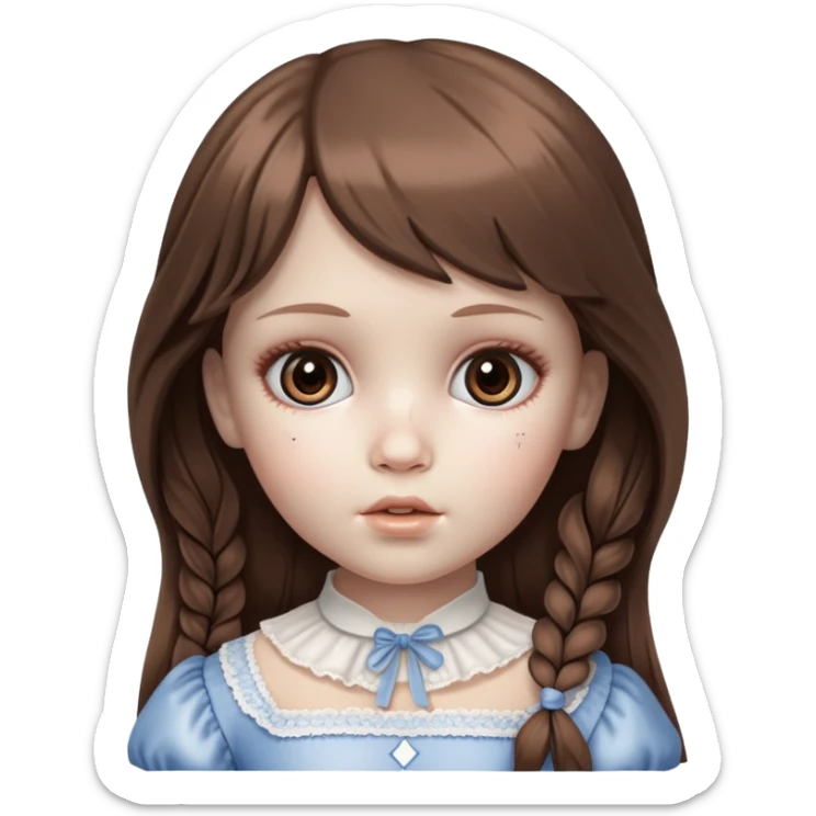 porcelain doll pretty but creepy with a cracked face, long brown hair and side bangs.  sticker