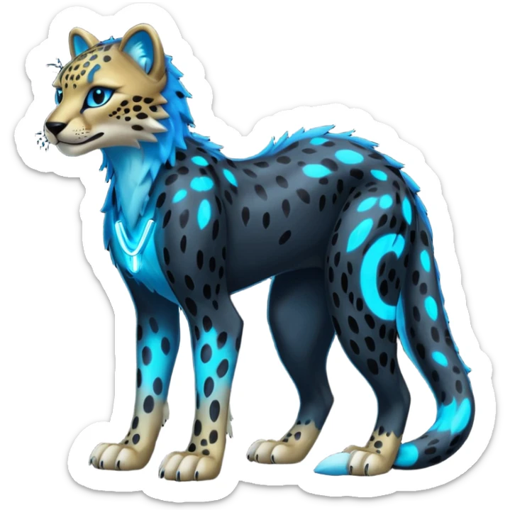 Obsidian-black fur body with bioluminescent neon glowing blue ring-markings Grem2-Gremz-Cheetah-Sergal-fusion, full body  sticker