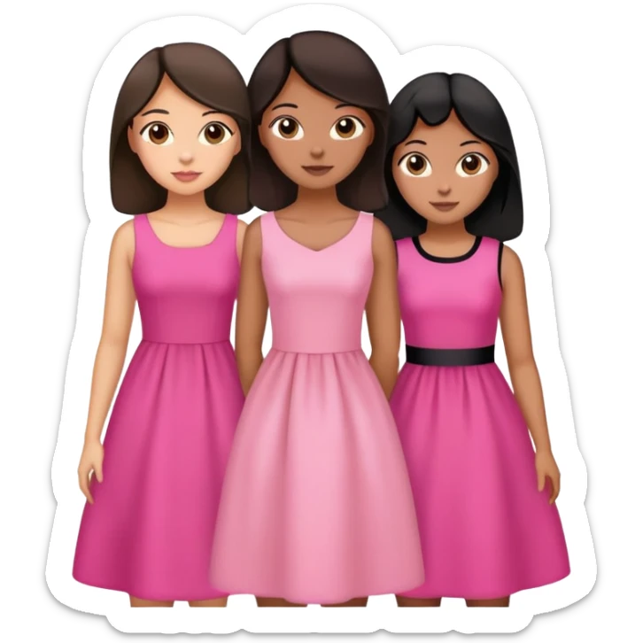 Three sisters hug, light skin with dark brown hair, tan skin black hair, tan skin dark brown hair, pink dresses sticker