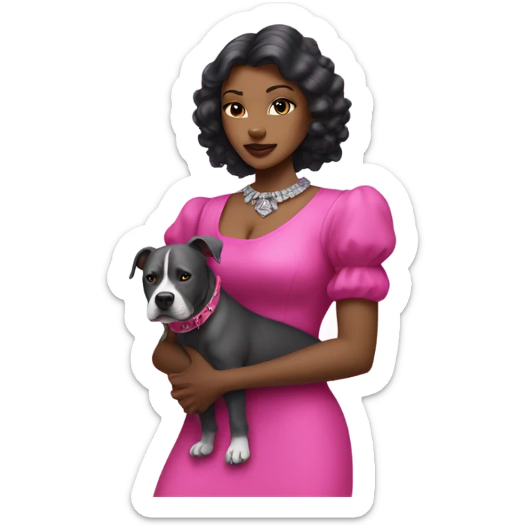 Black lady with black hair wearing hot pink dress hugging large all grey pitbull with spiked pink collar sticker
