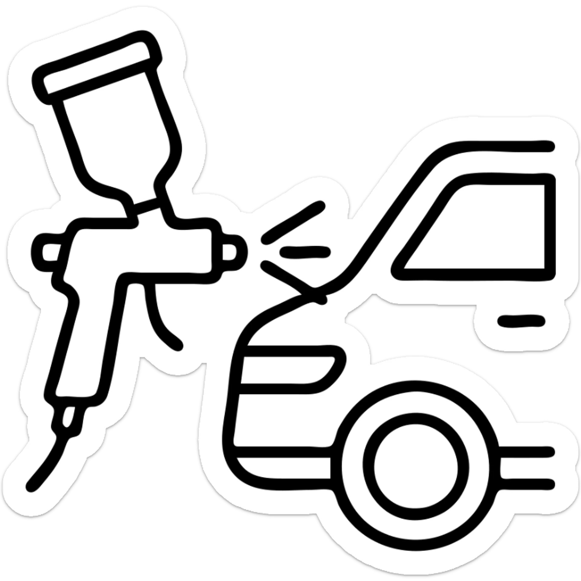 outlined icon of a paint spray gun pointing at a car section, clean lines, glossy black paint spraying out, silver details, modern and simple sticker