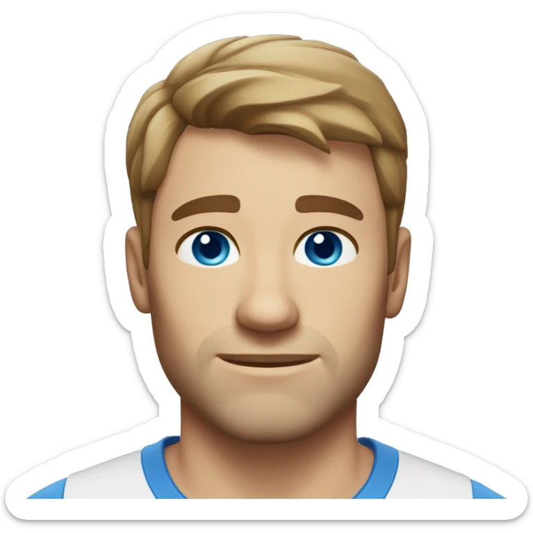 A head and shoulders shot of a 34 year old Caucasian man, with short brown hair,   with blue eyes wearing a t-shirt. sticker