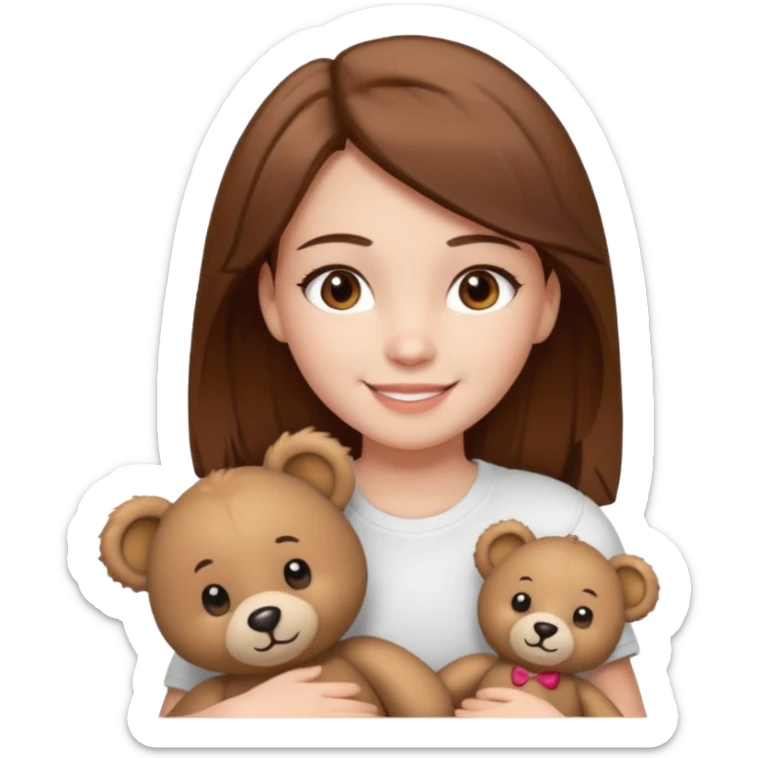 A Girl with Brown hair and Brown eyes with a t-shirt White. The t-shirt have dels a Teddy coquette bear. The Girl have White skins and she is smiling sticker