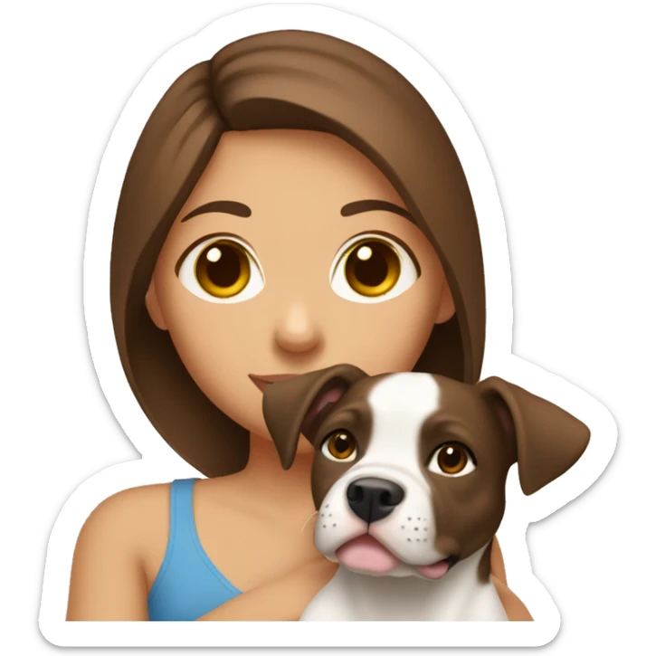 shoulders up girl with brown hair holding pitbull puppy close to her face sticker