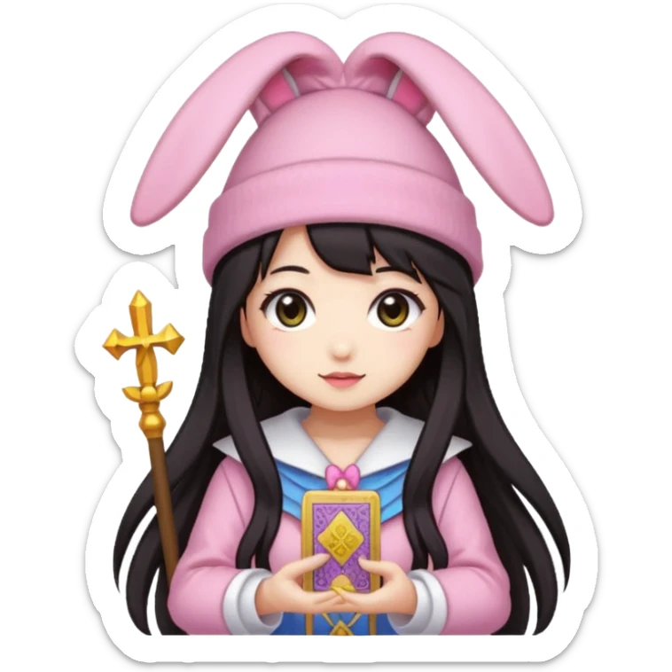 pixel art chibi asian girl with dark long hair in pink bunny hat magical girl with kawaii tarot cards thrown in air pixel emoji sticker