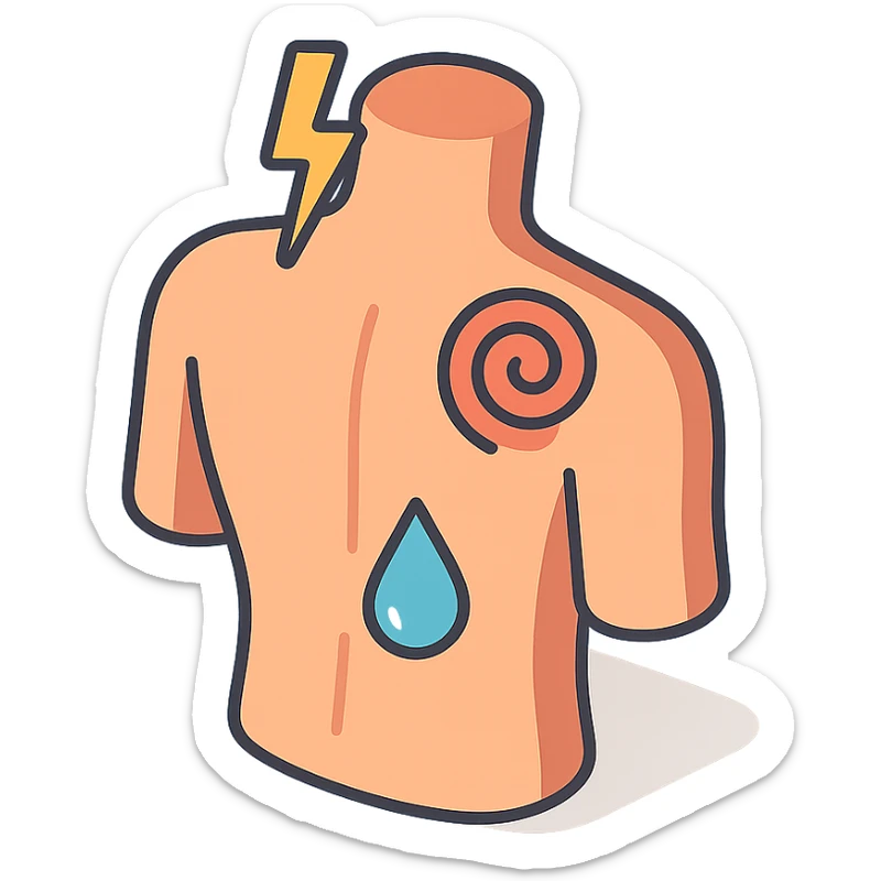 Silhouette of a back with stress icons indicating pain zones: lightning bolt in the neck, sweat drop in the lower back, and spiral in the shoulder blades. Style: 2D Isometric with clear shadows and highlights, transparent background. sticker