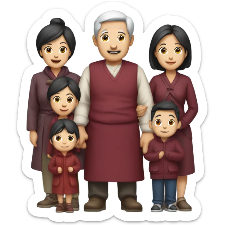 Middle-aged smiling Asian family of 6 with burgundy outfits sticker