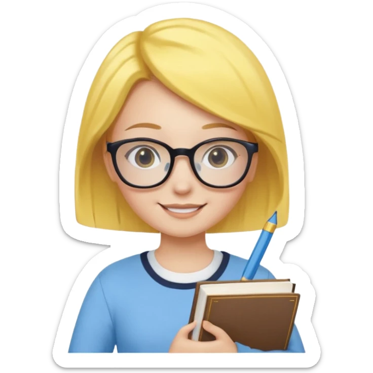 A smart and cute girl with yellow bobbed hair, wearing sky blue clothes,
I hold a book in one arm. There is a pen in the book.
He is wearing black-rimmed glasses and smiling brightly. sticker