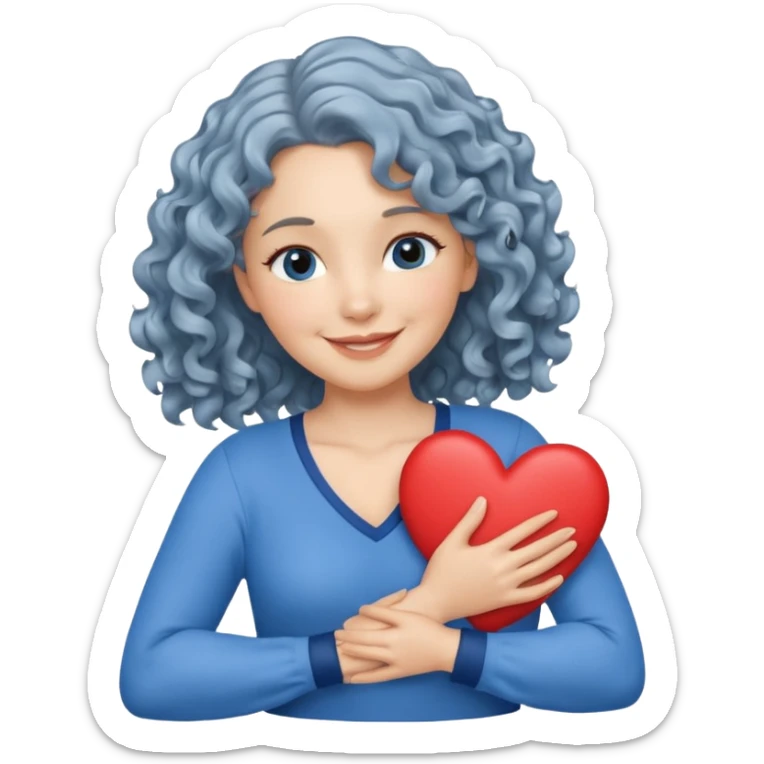 Silver, wavy/curly hair chin-length lady giving hug with 2 arms, blue v-neck and smilingm add a heart sticker