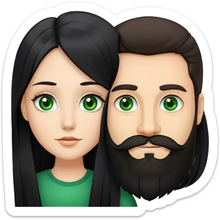 A girl with long black hair together and brown eyes with a man with beard and has green eyes  sticker
