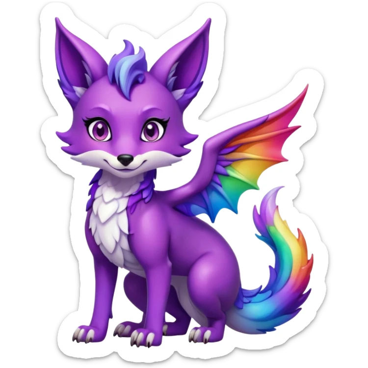 Black Cartoon female Fox dragon hybrid purple eyes with wings face front full body dark rainbow colored sticker