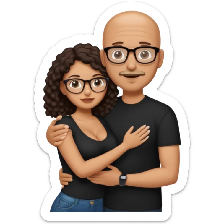 A picture of an embracing tanned couple. the man is a Mexican man with tanned skin, NO GLASSES, with a bald hair cut, short beard and wearing a black shirt. the woman is short with long curly dark brown hair and with big boobs. Put glasses on the woman.  sticker