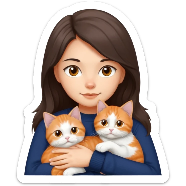 a girl with long dark brown hair, in a navy sweater, hugs a persian peaknose grey cat and persian peaknose orange and white kitten and a persion peaknose brown tabby and white cat sticker