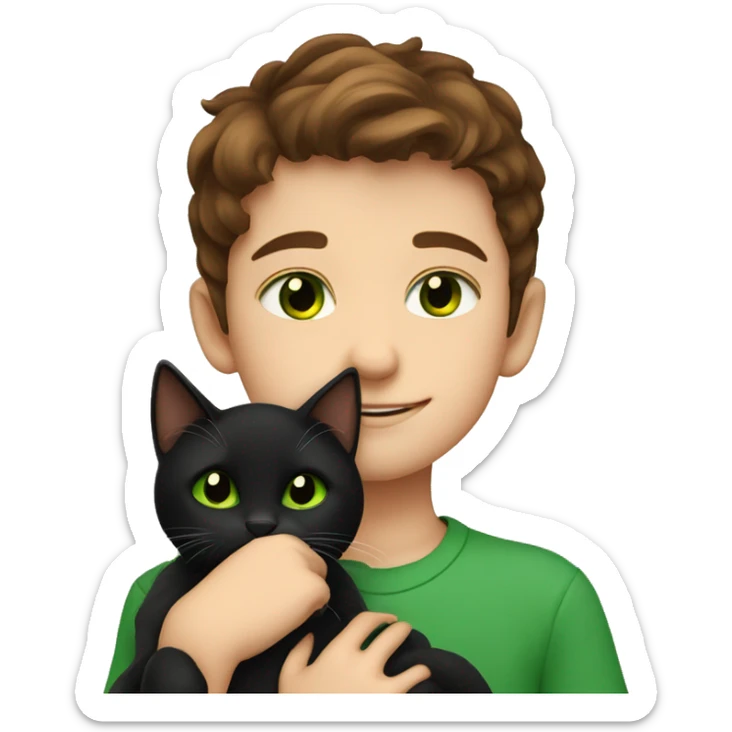 little boy with brown hair and brown green eyes cuddling a black cat with green eyes sticker