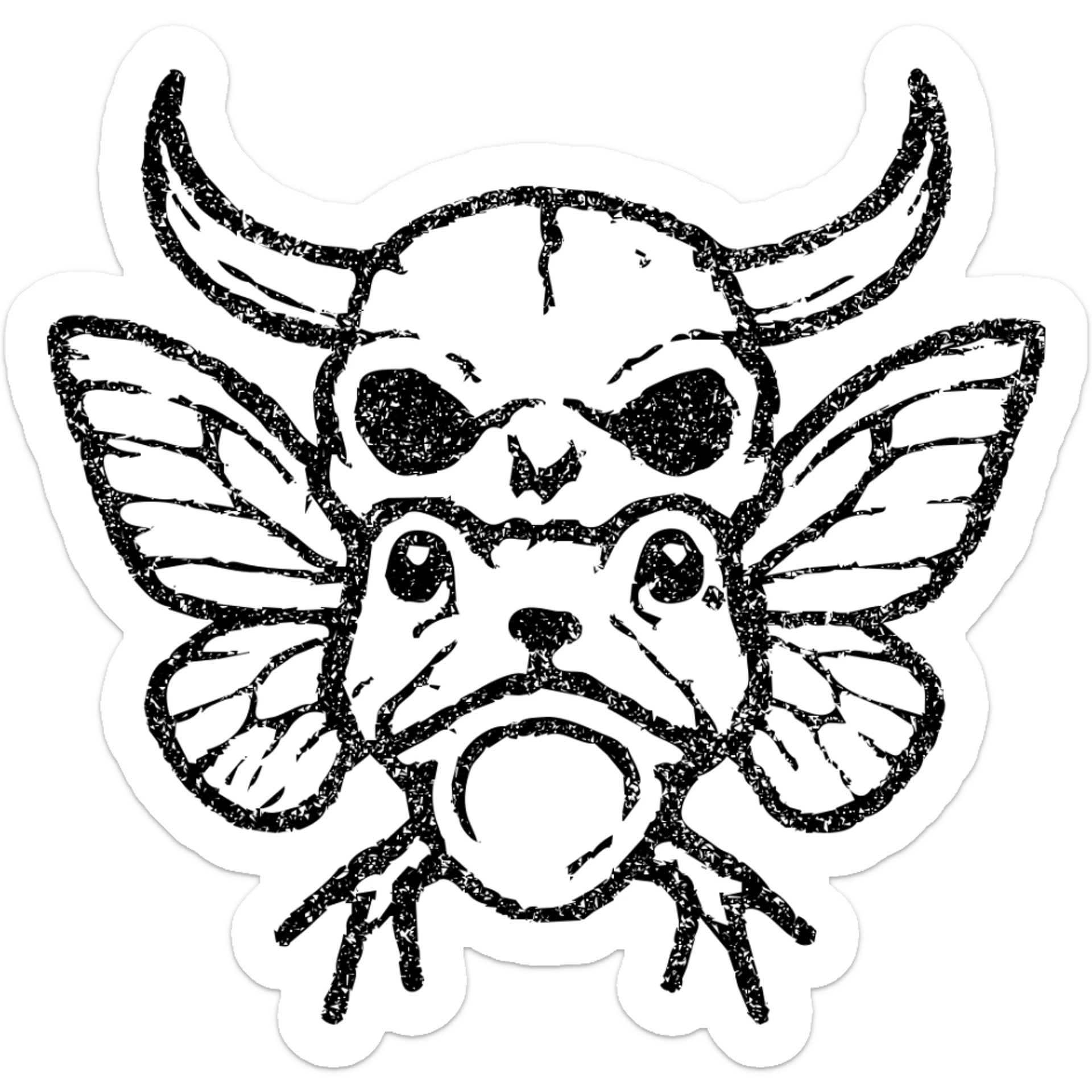 a terrifying minimal red line art of a hybrid monster combining minotaur skull with horns, stoat face elements, frog mouth/eyes, and moth wings sprouting from skull, transparent hollow center, distressed appearance with deliberately missing sections, smudged edges, torn lines, and weathered texture, sparse red lines only sticker