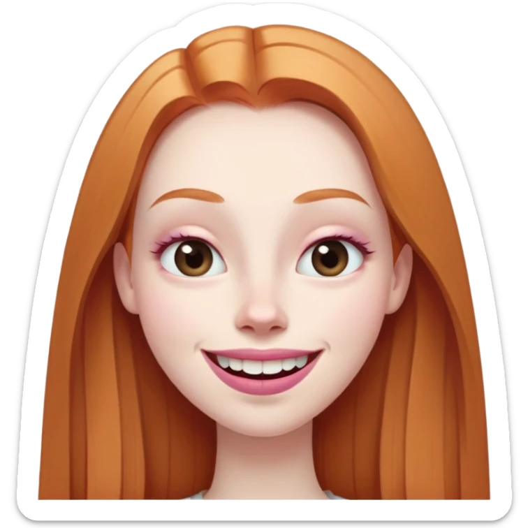 traditional emoji of young girl with very pale skin, long straight muted ginger hair, elongated oval face, bigger human-like eyes positioned close together, fuller thick eyebrows, wide nose, very large full pink lips with a big smile showing extremely large and prominent teeth, less intense expression sticker