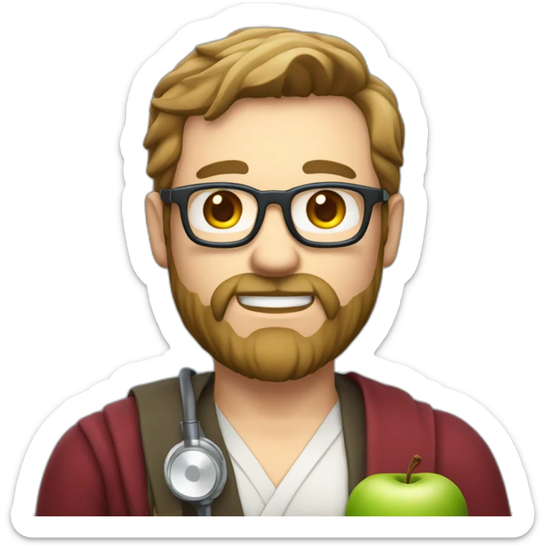 A male nutritionist with a full beard and dark blonde hair and white skin and glasses holding an apple in his hand. Without white kiltze and stetoscope sticker