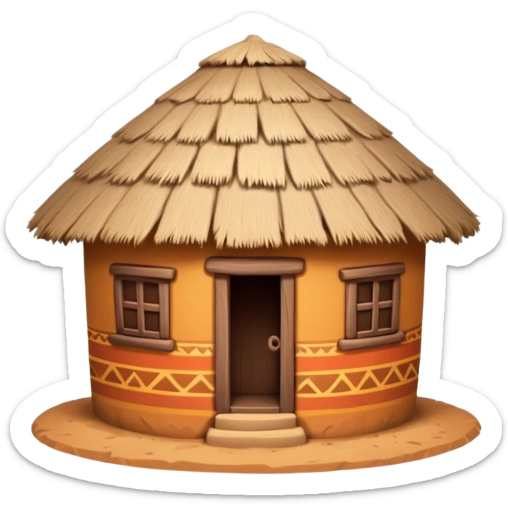 African mud hut tribal house, round adobe clay house, thatched roof, warm sunlight, colorful tribal patterns, cute mobile game icon, 3D cartoon, high detail, clean background sticker