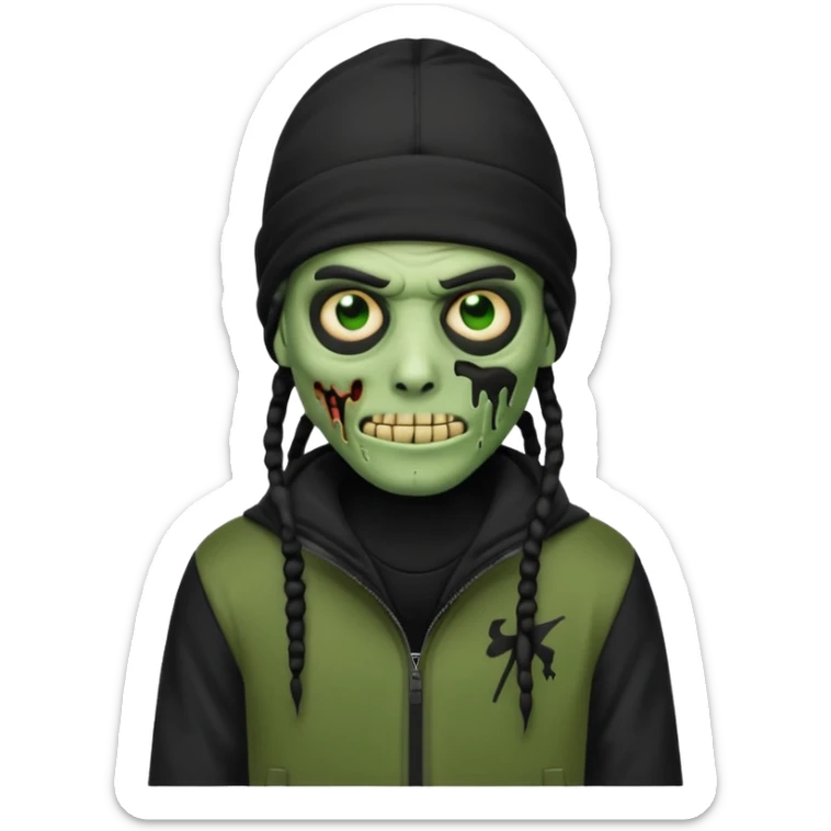 a zombie emoji with black dreads and a black nike jacket and black nike ski mask on his head sticker