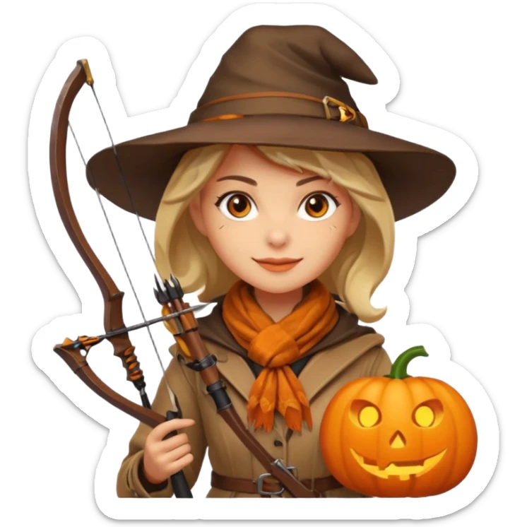 female human monster hunter emoji, wearing brown coat and hat, holding crossbow, soft smile, scarf, glowing pumpkin by her side, Halloween fantasy style, clean vector Apple emoji look, bright colors, white background, square sticker