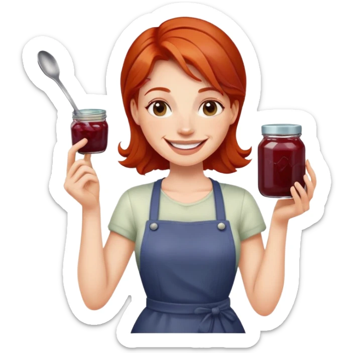 redhead woman with big smile holding a glass jar with jam in one hand and a little spoon with jam in other hand sticker