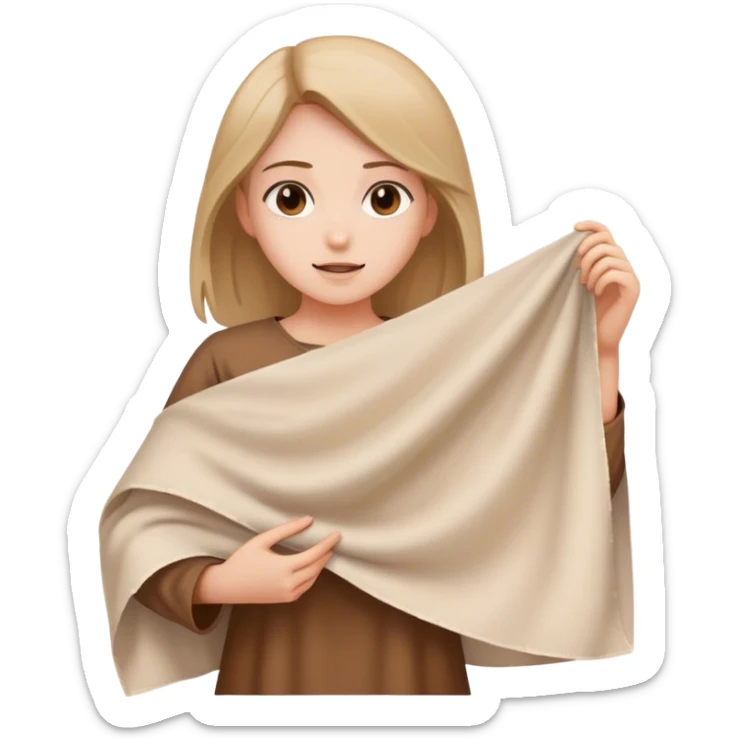 girl in brown tunic holding a large white piece of cloth sticker