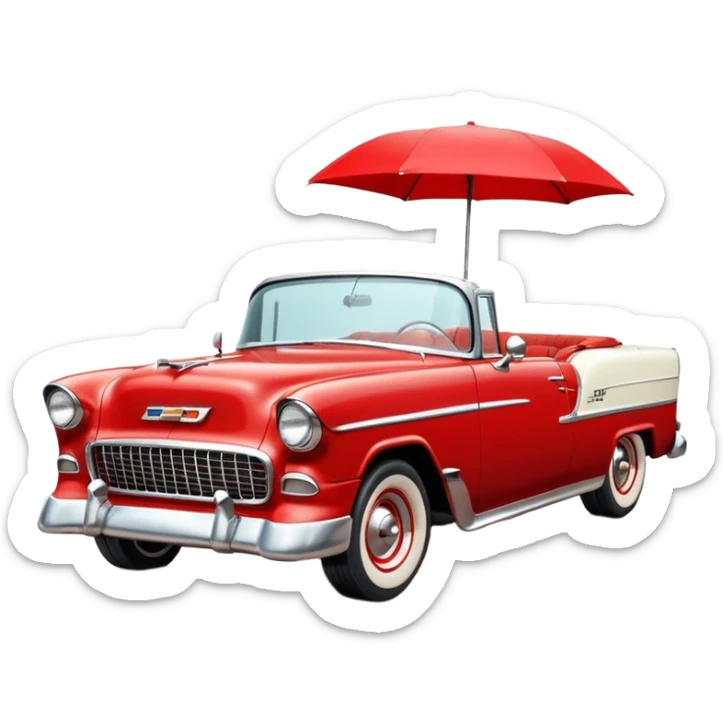 1955 Chevrolet Bel Air Convertible, Red-White color, with a bucket of brown mud pouring down on it. 32x32 pixels, aspect ratio: 1:1 sticker