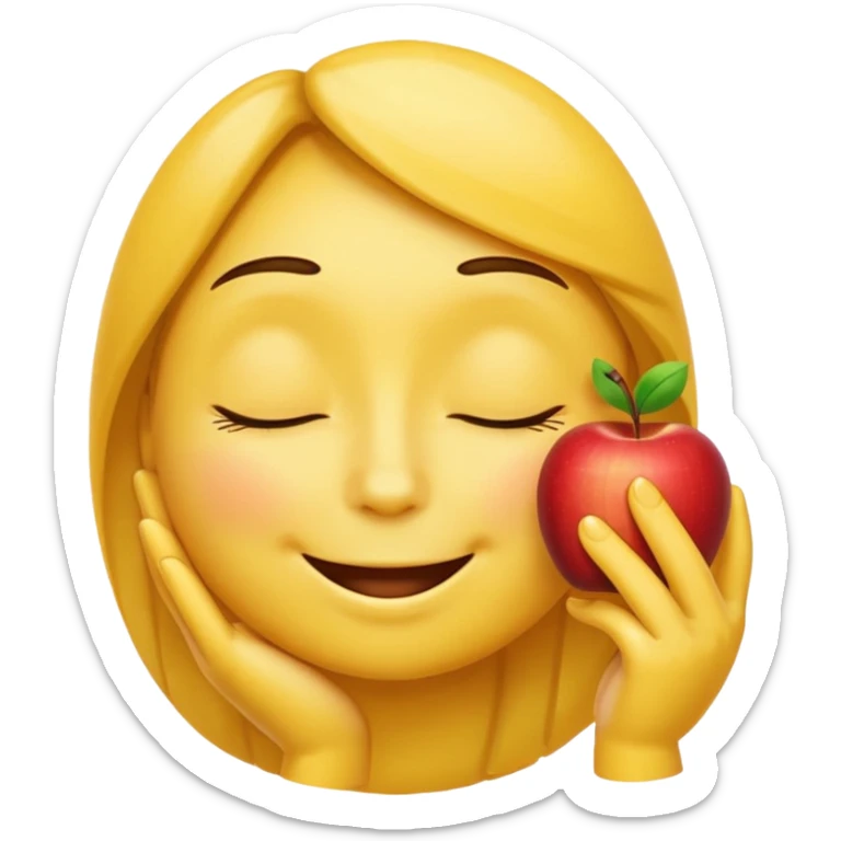 Smug yellow emoji, closed eyes, proud smile, hand on chin, Apple-style. sticker